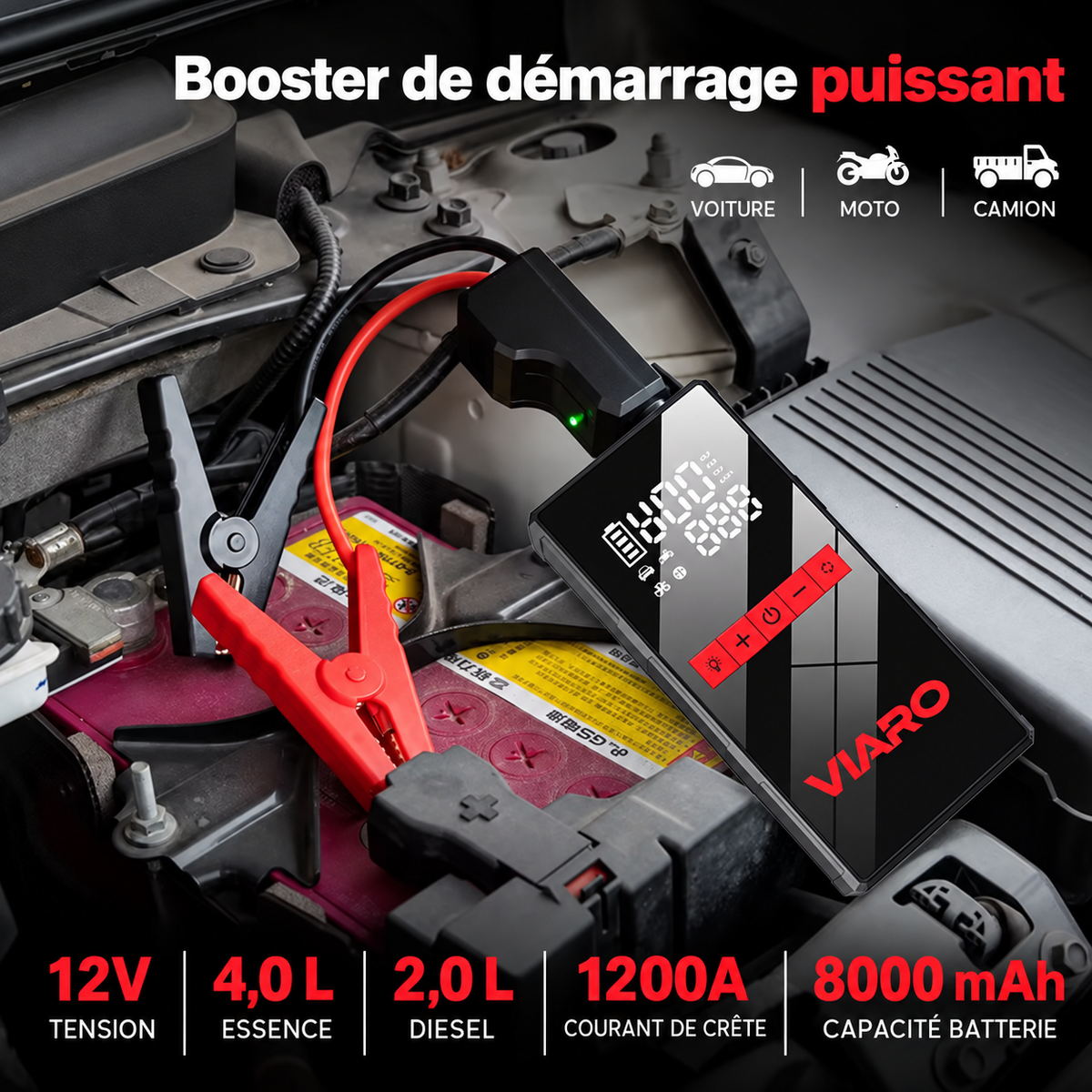 Booster Batterie Voiture 12V 1200A avec Compresseur 150 PSI –  LED