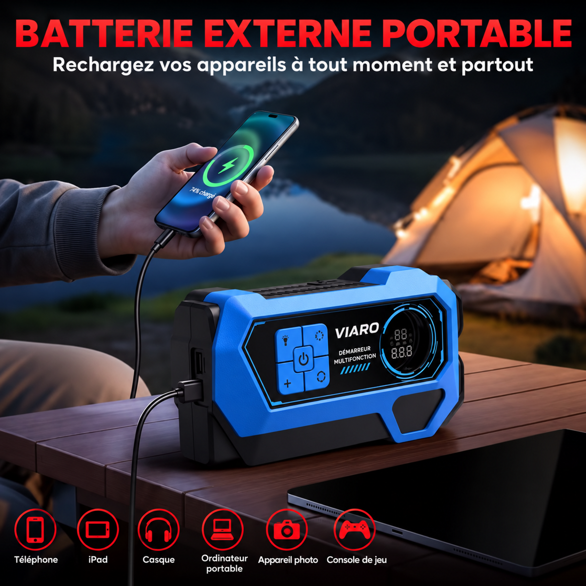Booster Batterie Voiture 12V 3000A 12000mAh avec Compresseur – LED USB