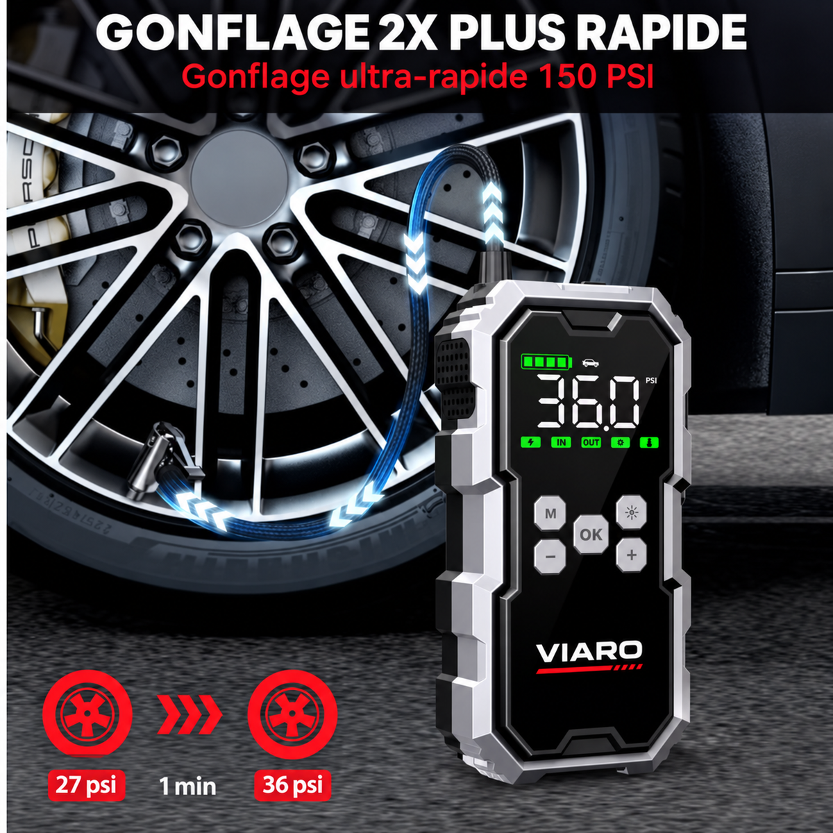 Booster Batterie Voiture 12V 1500A 21800mAh avec Compresseur 150 PSI – LED USB