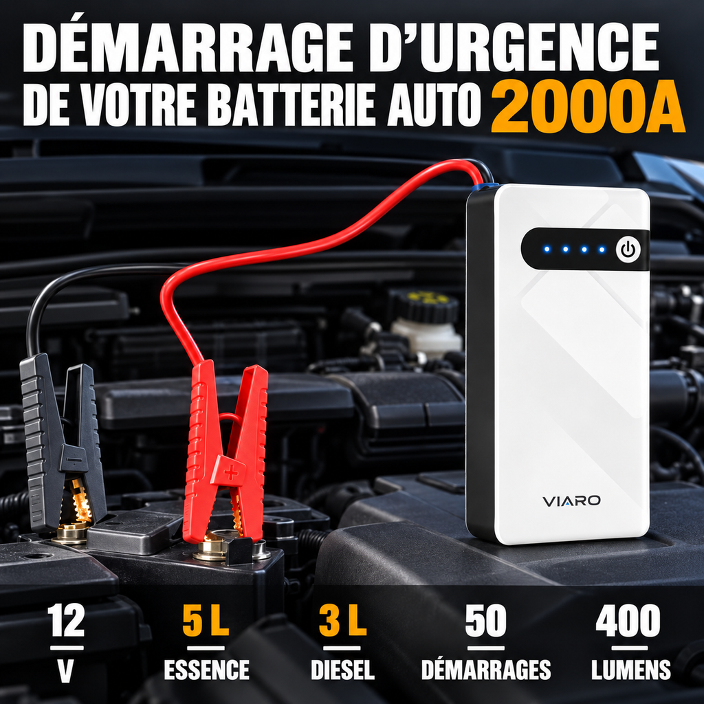 Booster Batterie Voiture 12V 2000A – Démarreur Portable VIARO 44,4Wh