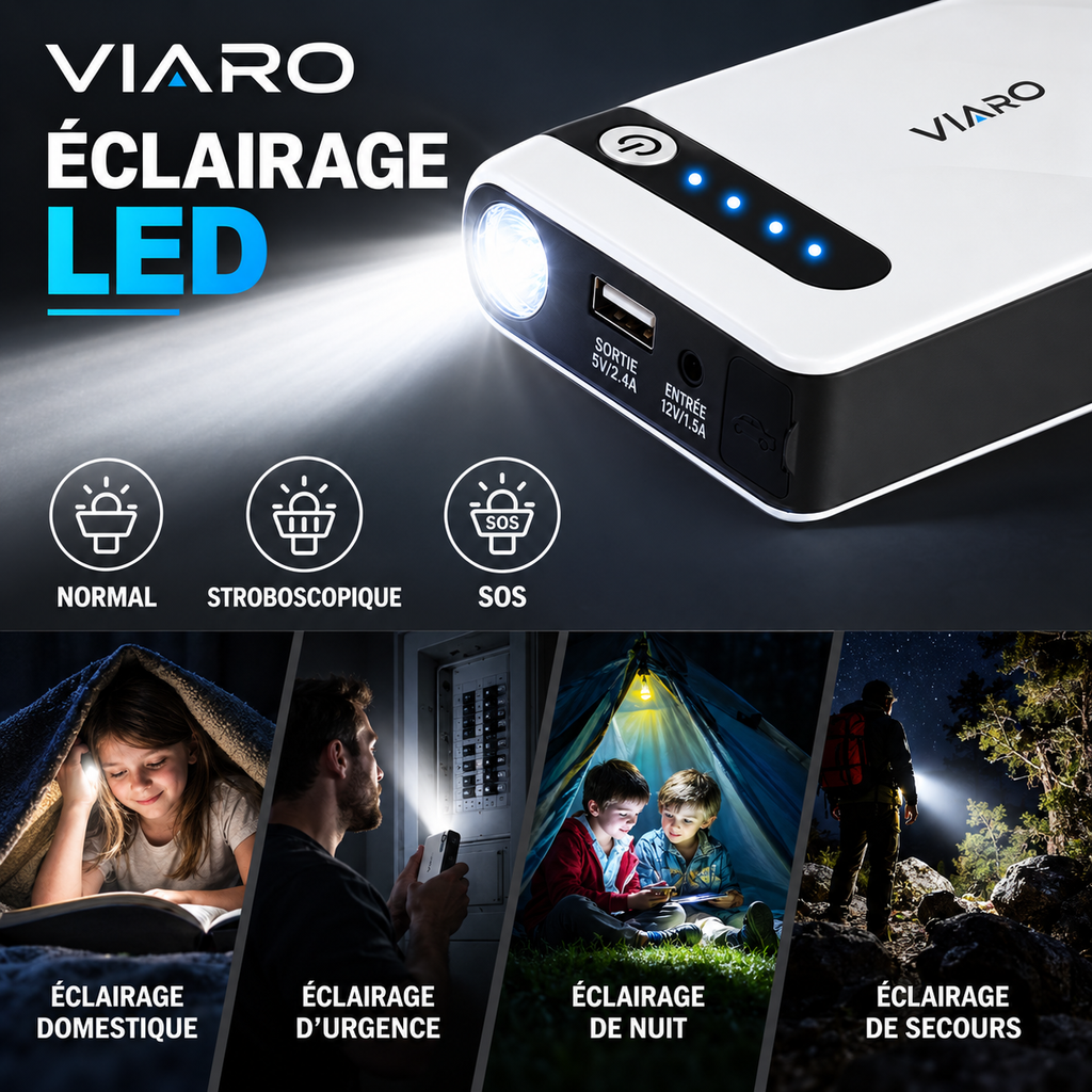 Booster Batterie Voiture 12V 2000A – Démarreur Portable VIARO 44,4Wh