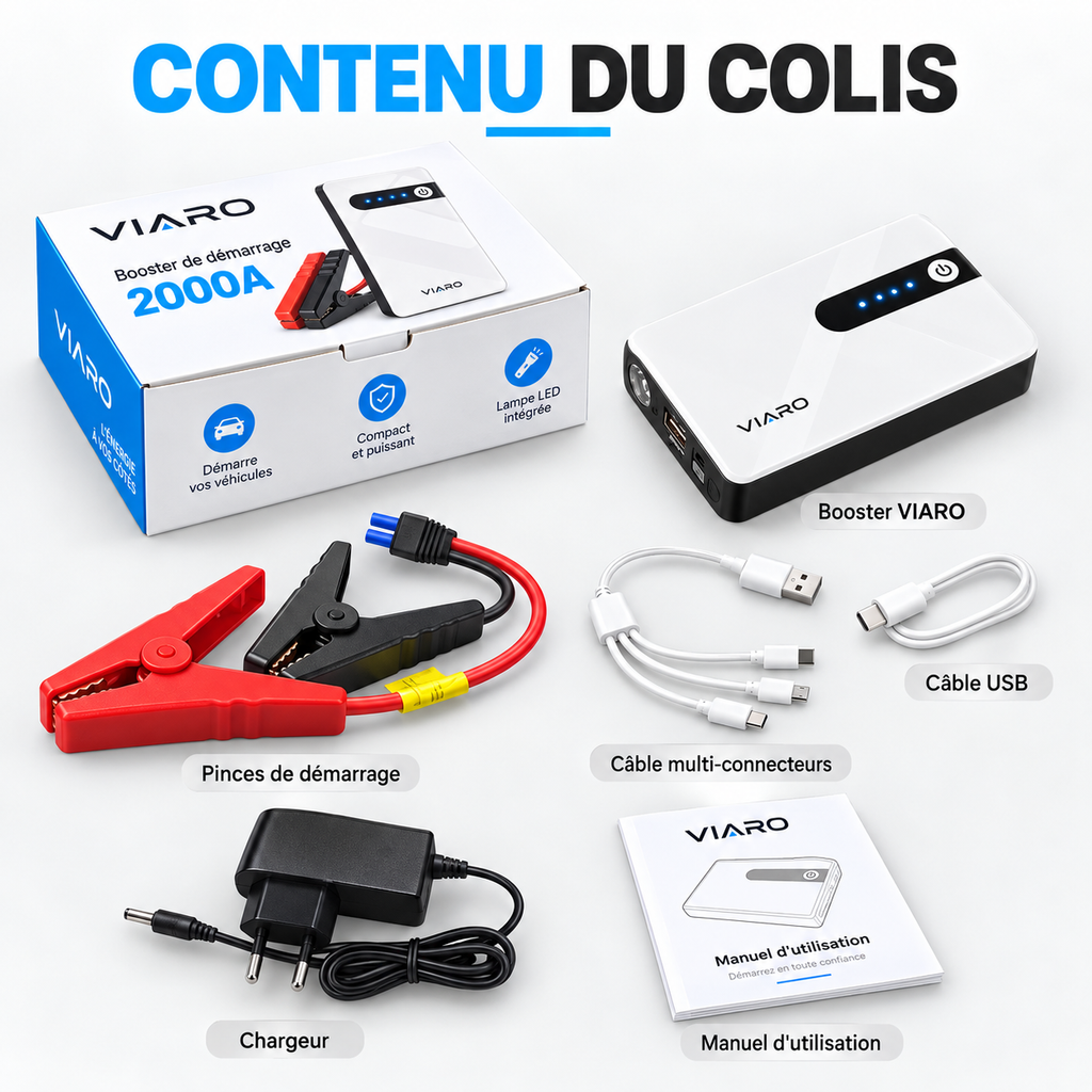 Booster Batterie Voiture 12V 2000A – Démarreur Portable VIARO 44,4Wh