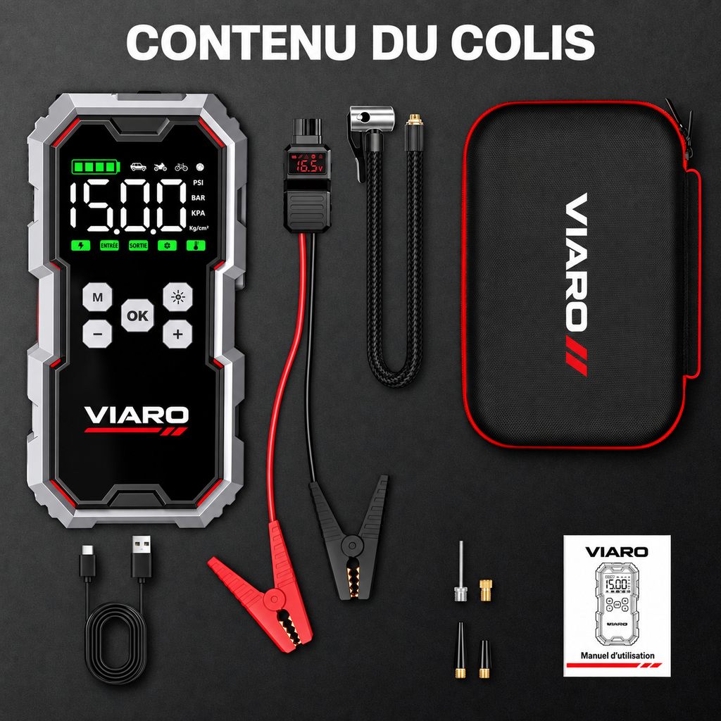 Booster Batterie Voiture 12V 1500A 21800mAh avec Compresseur 150 PSI – LED USB