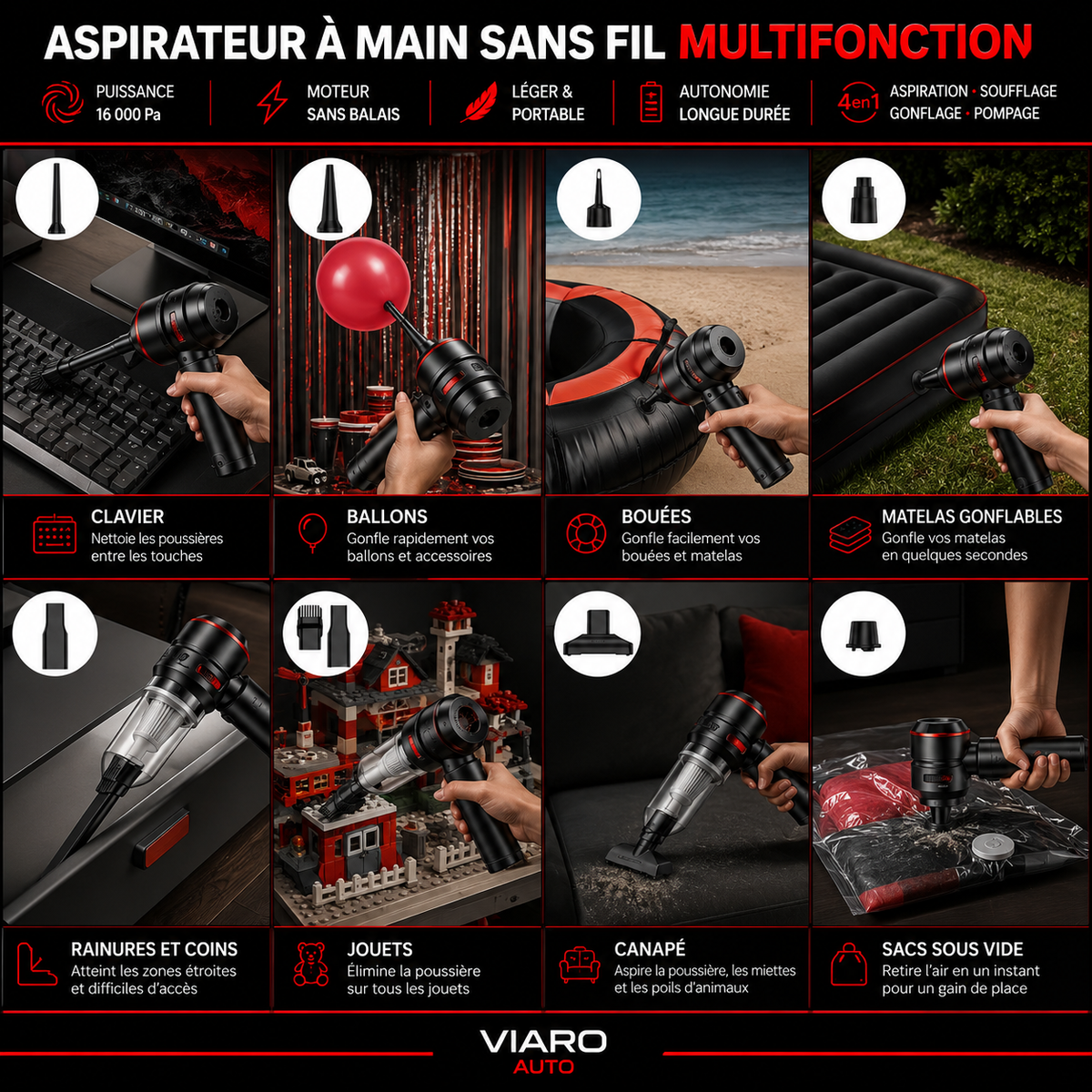 Aspirateur Voiture Sans Fil 4-en-1 16 000 Pa – VIARO Auto