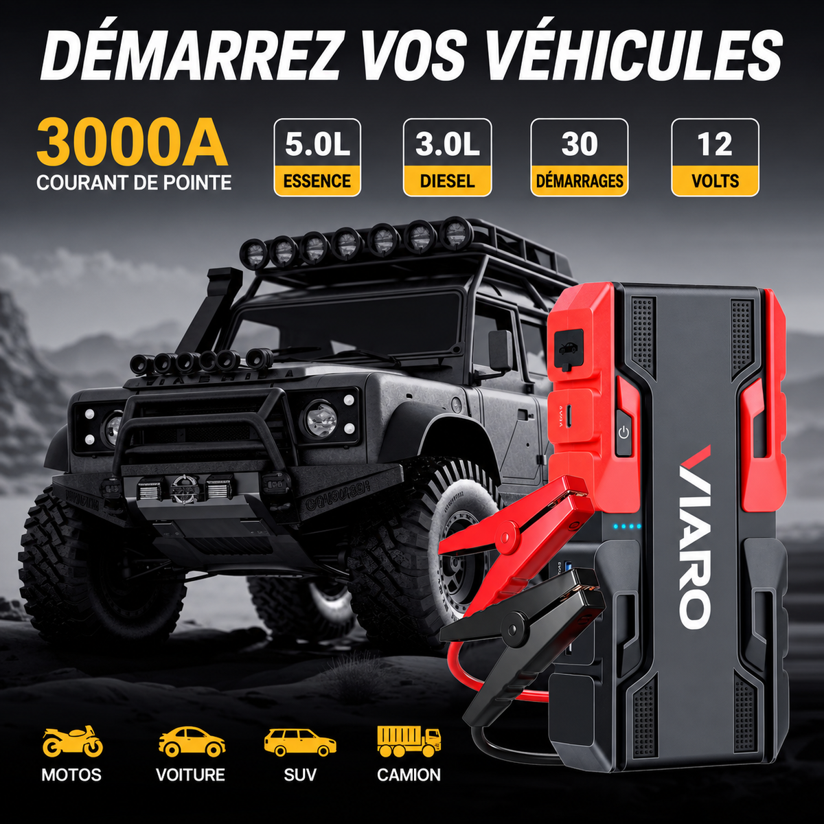 Booster Batterie Voiture 12V 3000A – Démarreur Portable Essence/Diesel USB LED