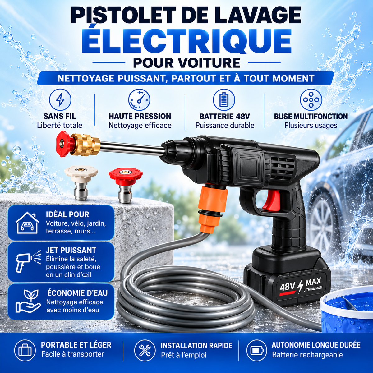 Nettoyeur Haute Pression Sans Fil VIARO Auto 50 Bars – Portable avec Batterie 24V