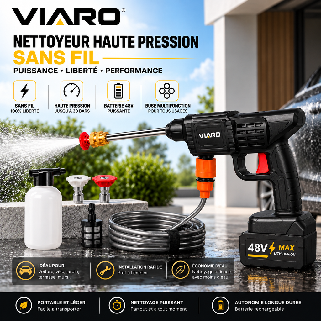 Nettoyeur Haute Pression Sans Fil VIARO Auto 50 Bars – Portable avec Batterie 24V