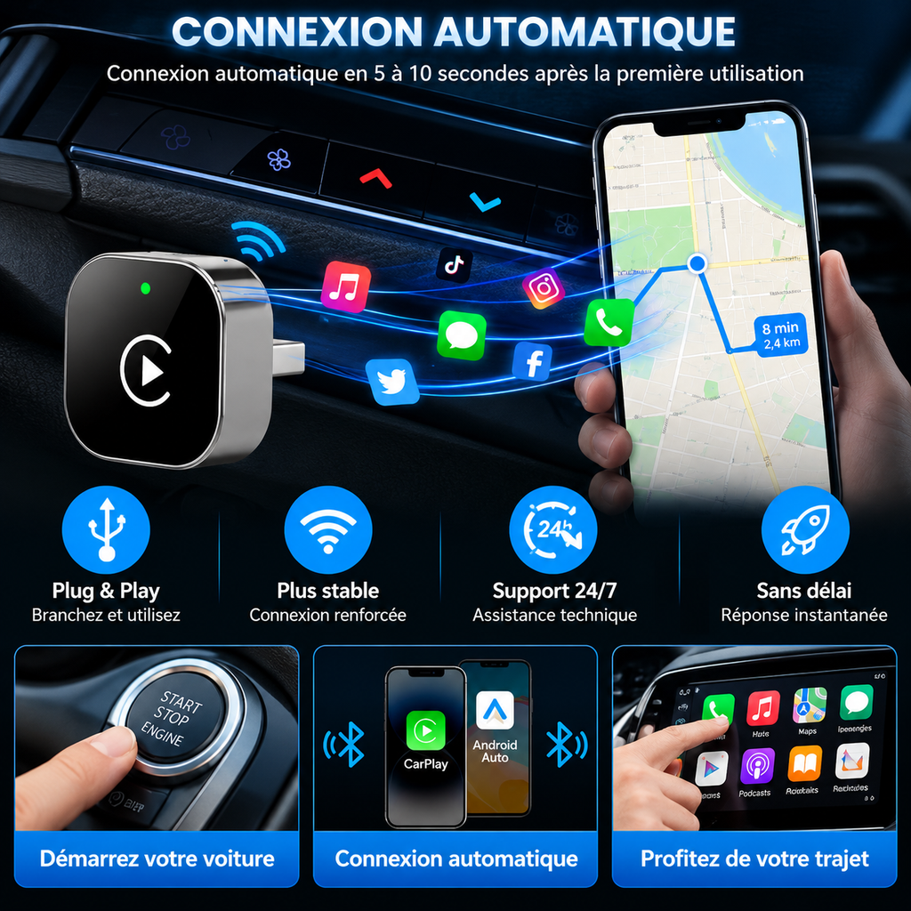 Adaptateur CarPlay Sans Fil & Android Auto – Plug & Play