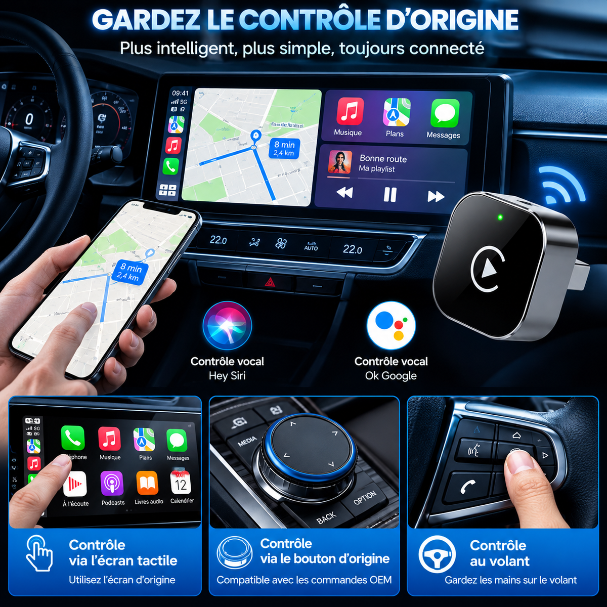Adaptateur CarPlay Sans Fil & Android Auto – Plug & Play