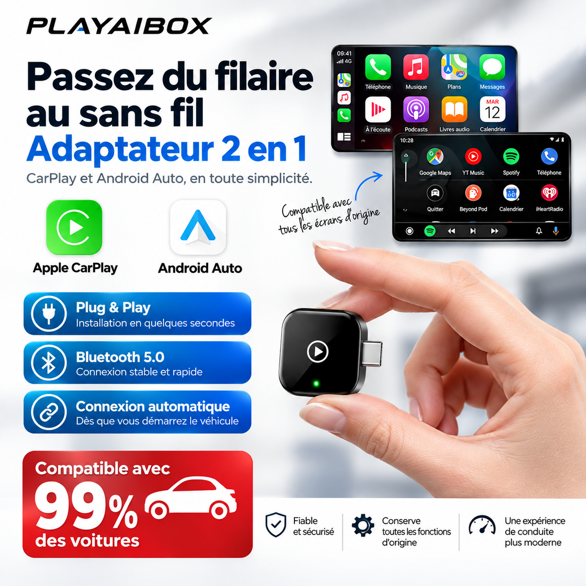 Adaptateur CarPlay Sans Fil & Android Auto – Plug & Play