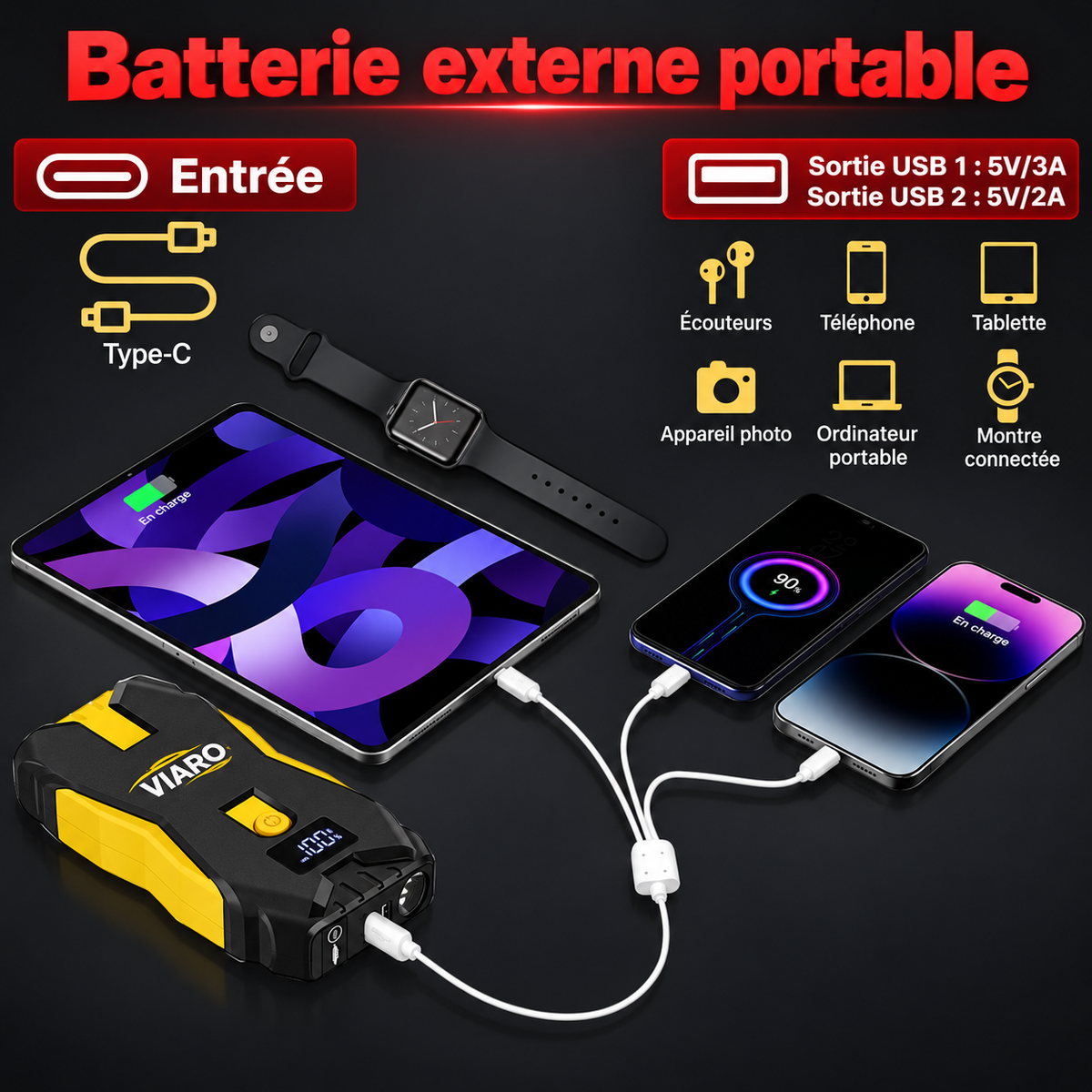 Booster Batterie Voiture 12V 4000A 20000mAh – Démarreur Portable USB LED