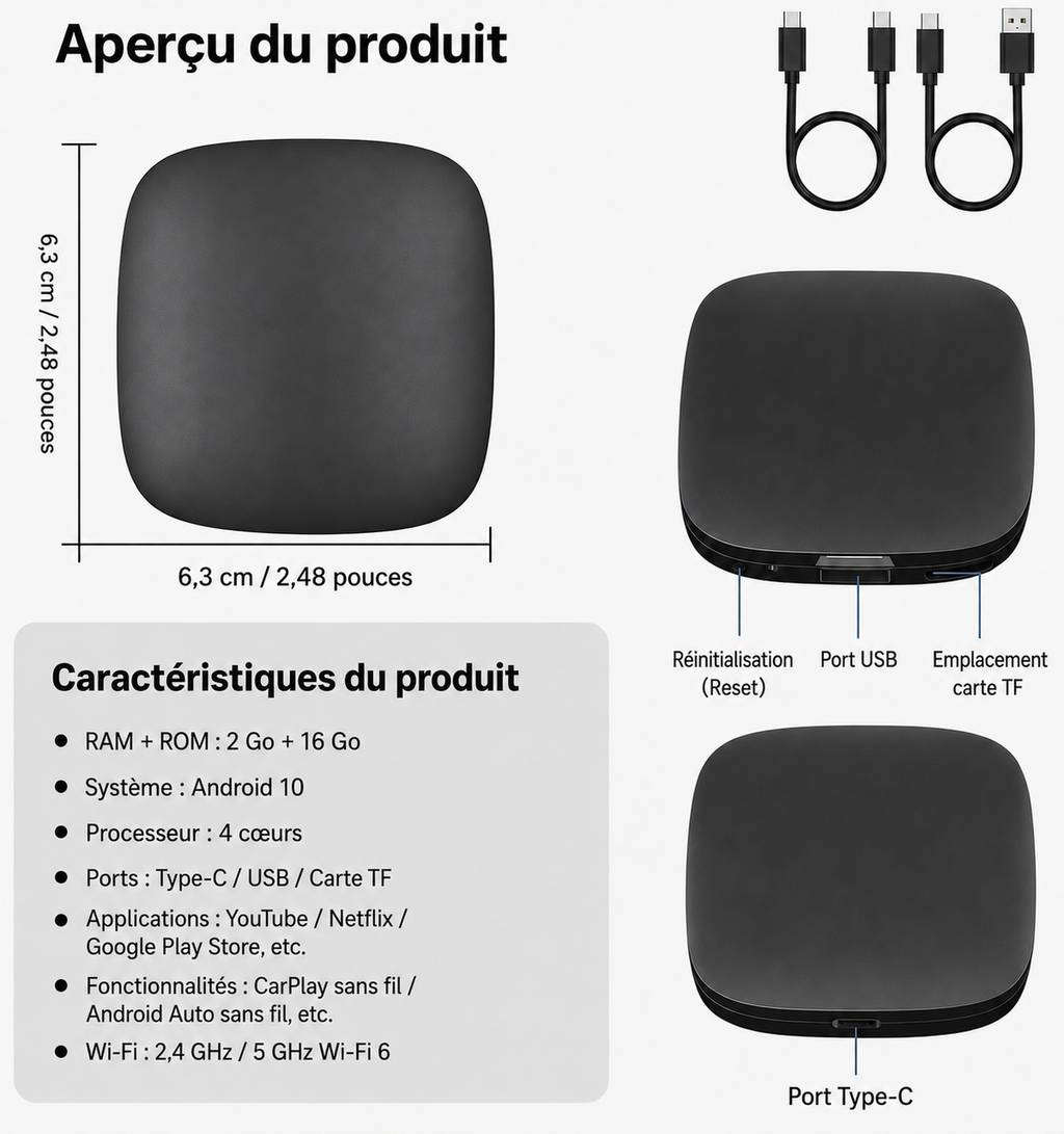 Boîtier CarPlay AI Box Android 13 – CarPlay & Android Auto sans fil