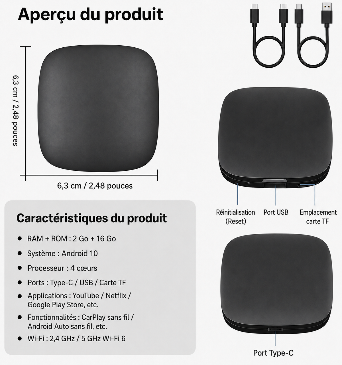 Boîtier CarPlay AI Box Android 13 – CarPlay & Android Auto sans fil