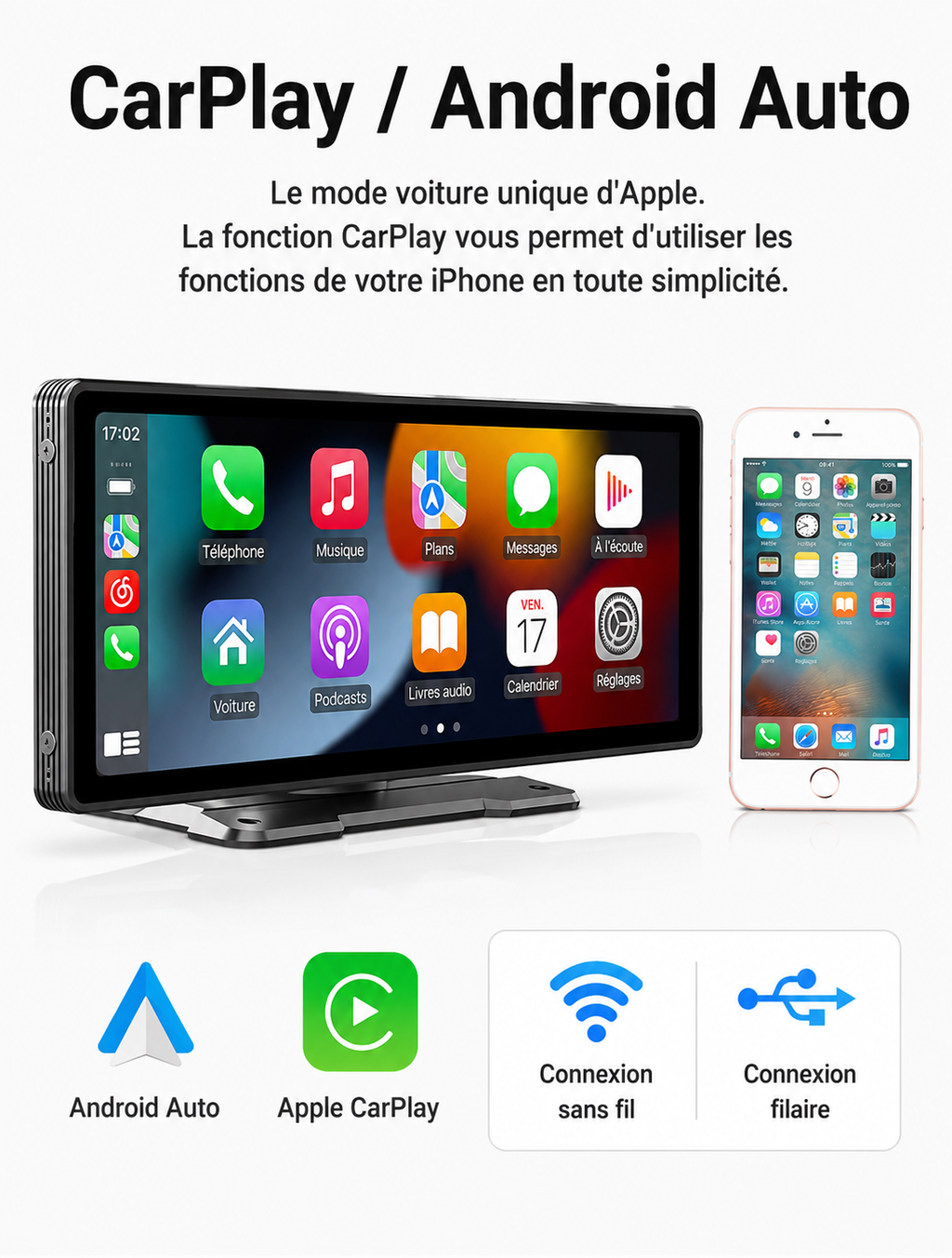 Écran CarPlay Sans Fil 10,26" pour Voiture – Tactile, Bluetooth, GPS & Android Auto