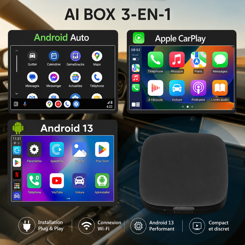 Boîtier CarPlay AI Box Android 13 – CarPlay & Android Auto sans fil