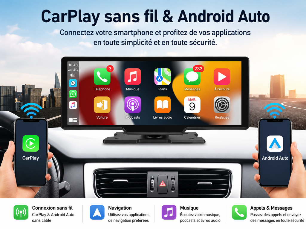 Écran CarPlay Sans Fil 10,26" pour Voiture – Tactile, Bluetooth, GPS & Android Auto
