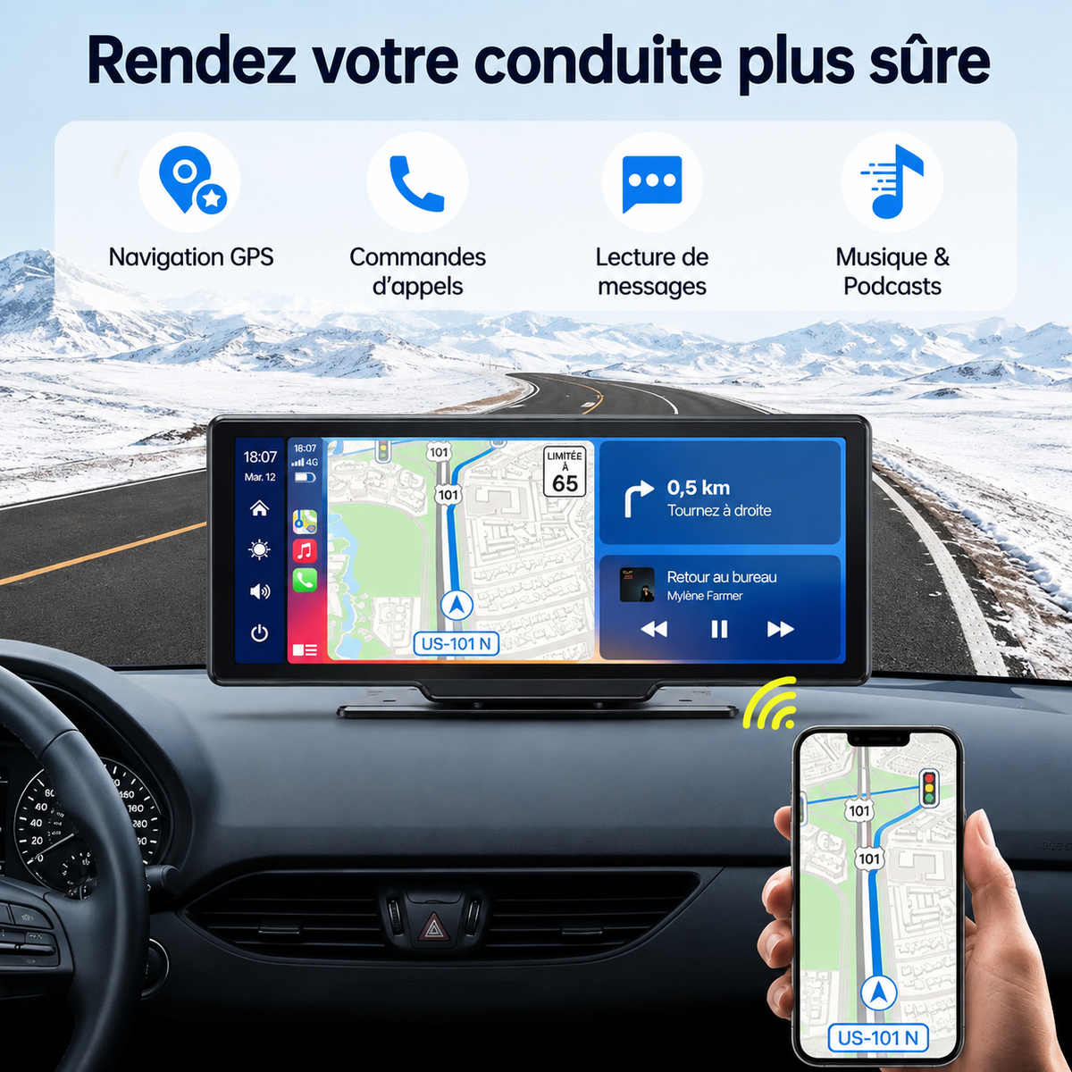 Écran CarPlay Sans Fil 10,26" pour Voiture – Tactile, Bluetooth, GPS & Android Auto