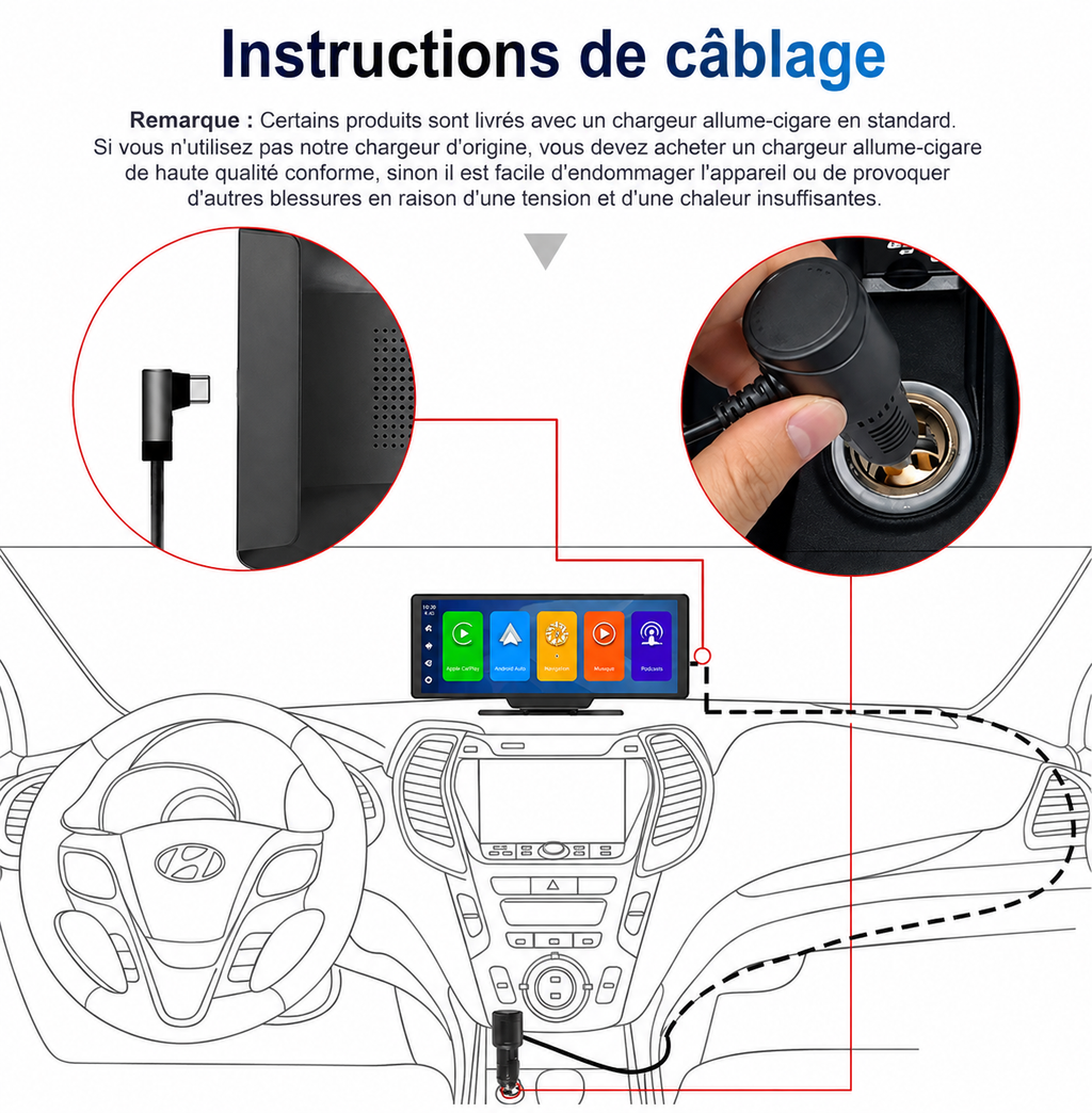 Écran CarPlay Sans Fil 10,26" pour Voiture – Tactile, Bluetooth, GPS & Android Auto