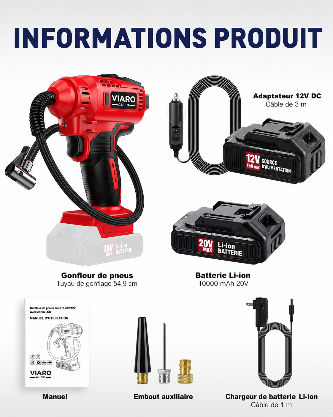 Gonfleur de Pneus Sans Fil 150 PSI avec Écran Digital | VIARO