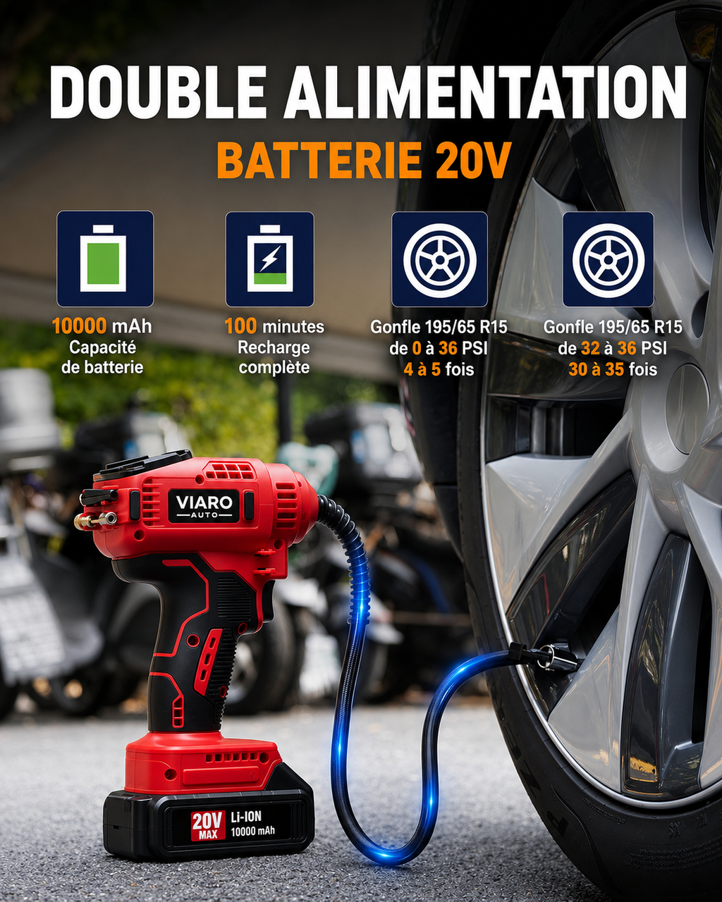 Gonfleur de Pneus Sans Fil 150 PSI avec Écran Digital | VIARO