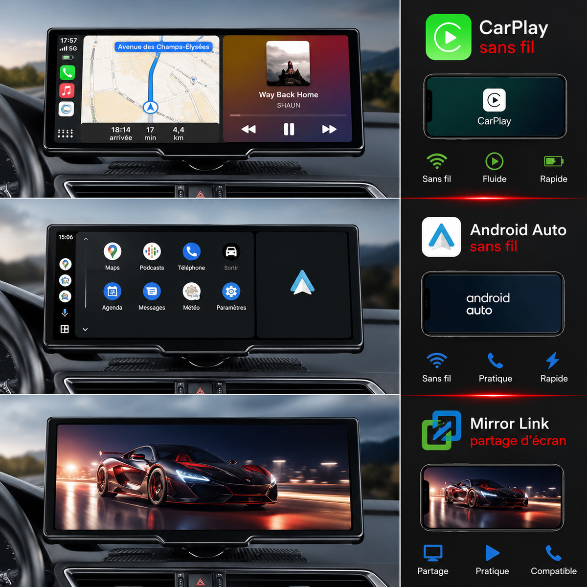 Écran CarPlay 10" Sans Fil avec Dashcam 1080P, Android Auto & Caméra Arrière – VIARO Auto