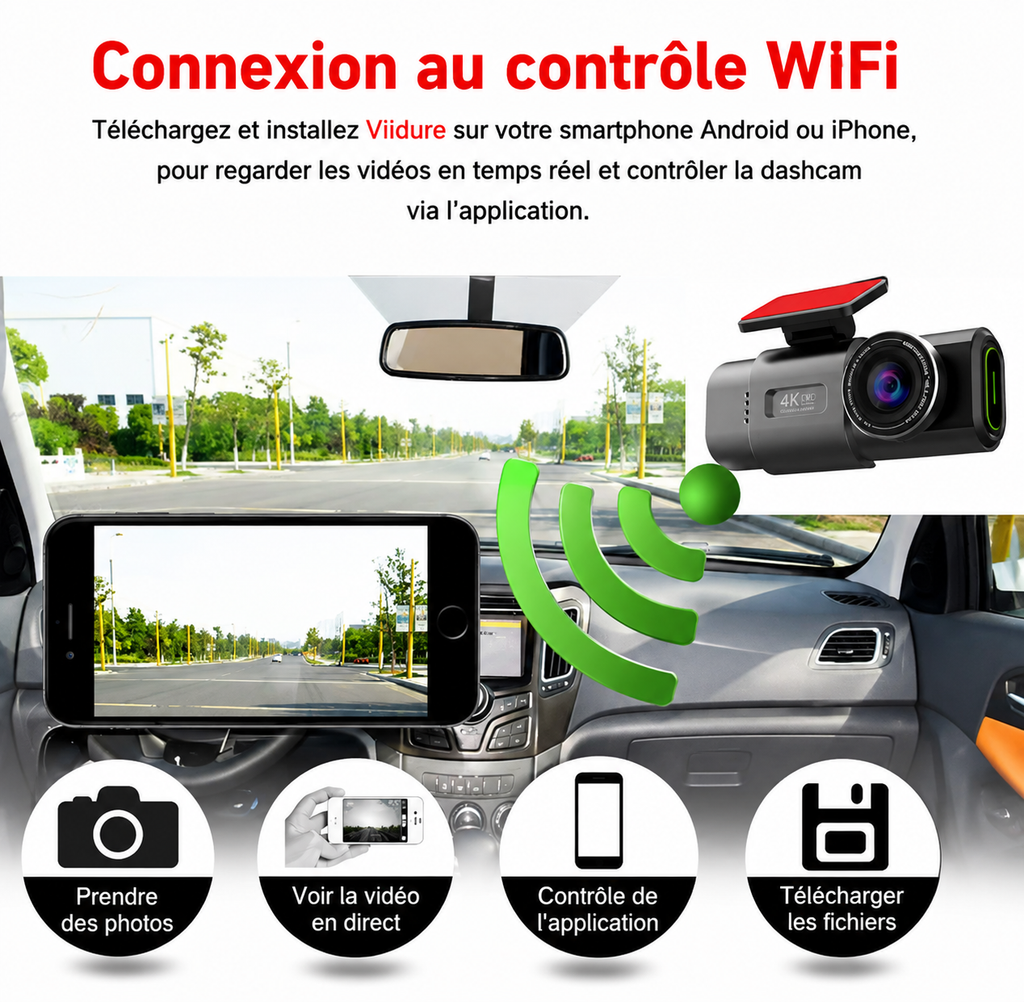 Dashcam 4K VIARO Auto – Double Caméra Avant/Arrière, Wi-Fi, Vision Nocturne & Capteur G