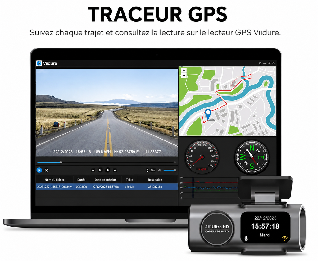 Dashcam 4K VIARO Auto – Double Caméra Avant/Arrière, Wi-Fi, Vision Nocturne & Capteur G
