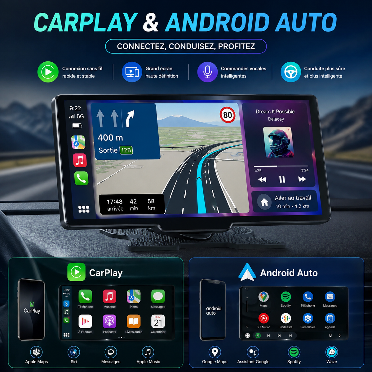Écran CarPlay 10" Sans Fil avec Dashcam 1080P, Android Auto & Caméra Arrière – VIARO Auto