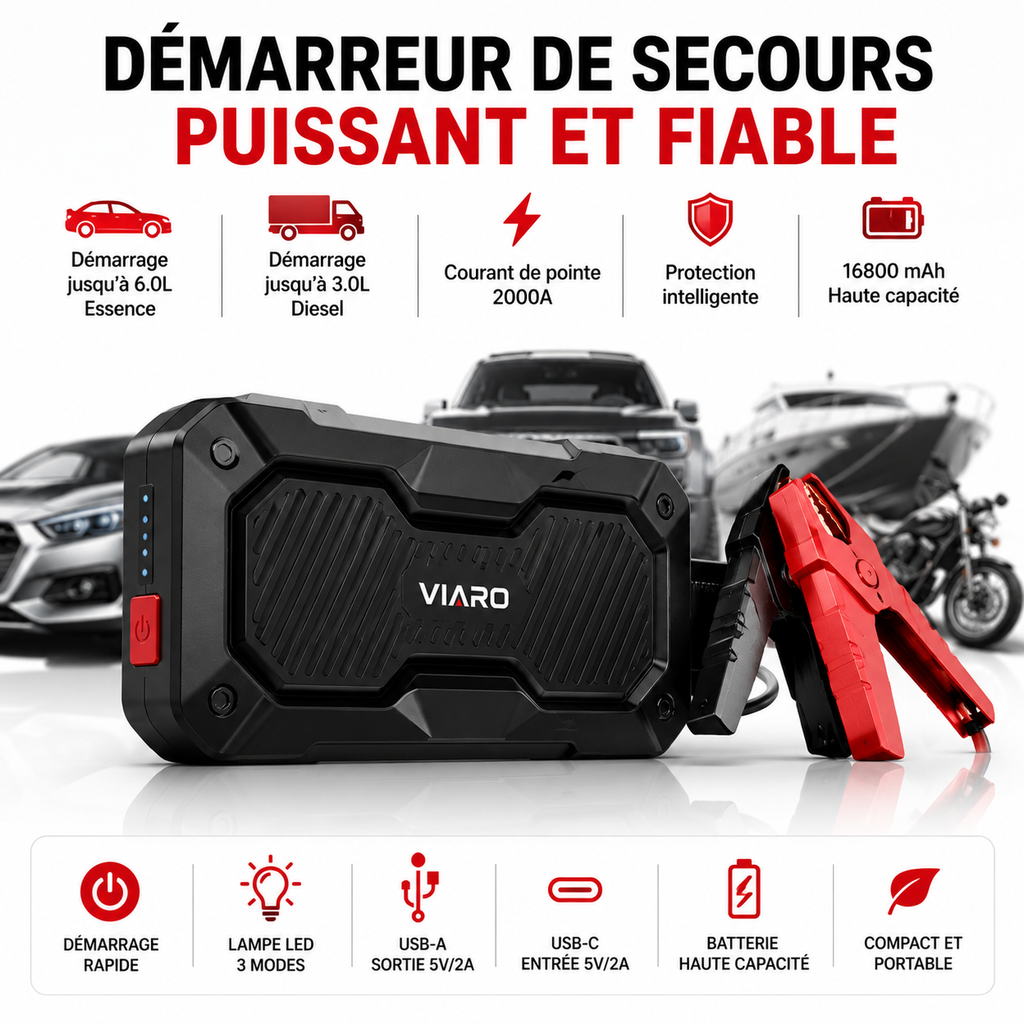 Booster Batterie 4000A 12V USB LED – Démarreur Portable VIARO Fusion pour Voiture et Utilitaire