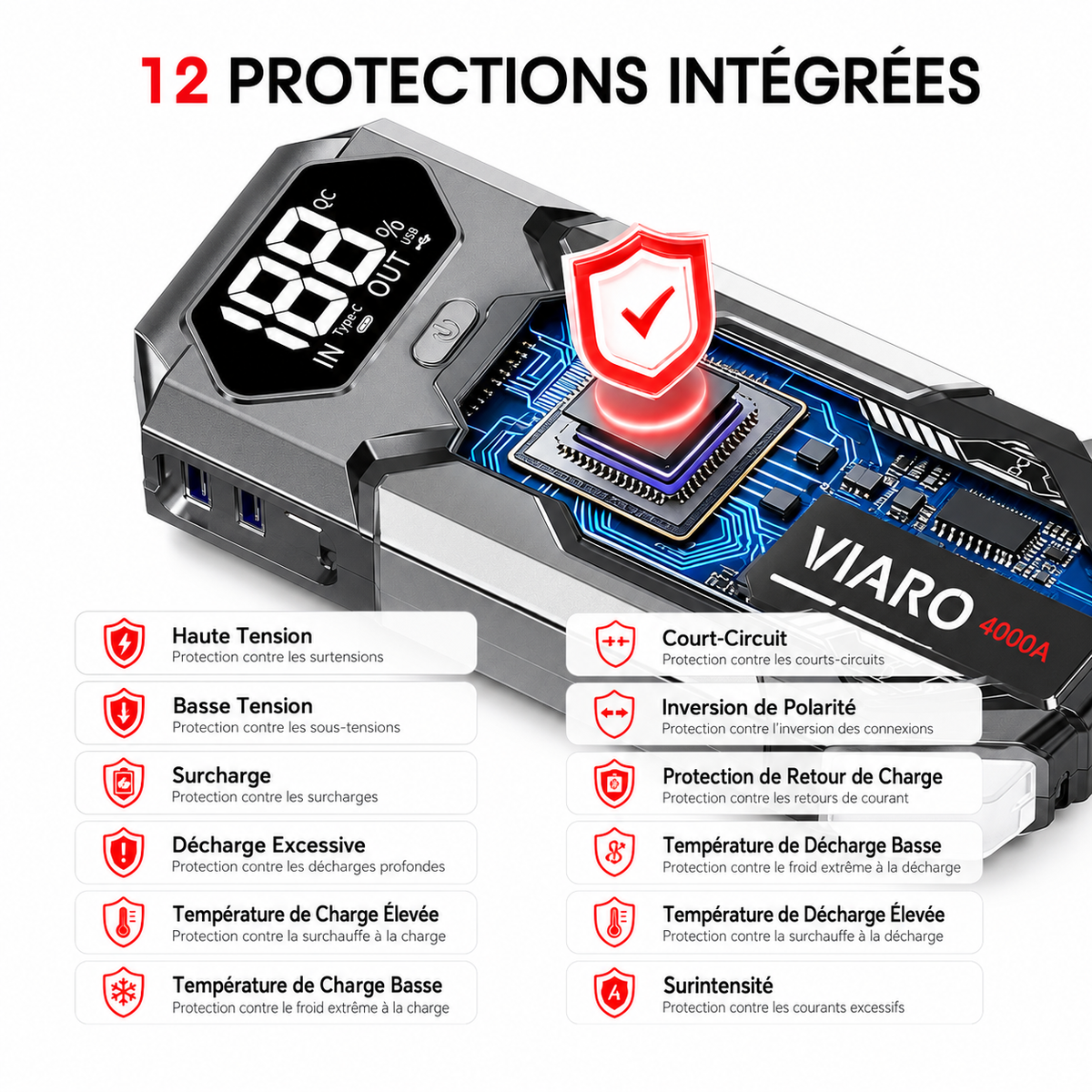 Booster Batterie VIARO NOVA 4000A – Démarreur de Batterie 12V Compact Voiture Moto