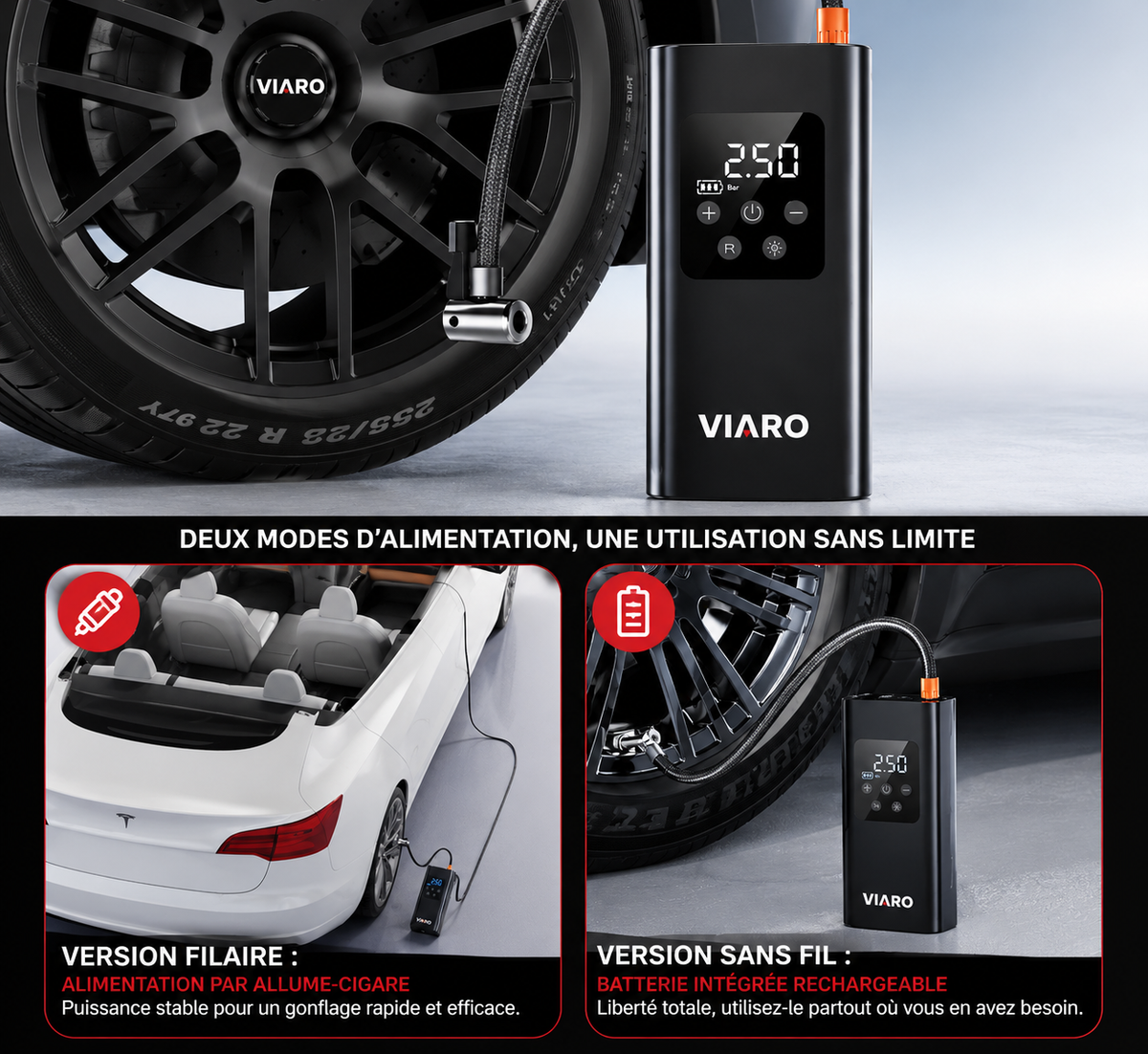 Gonfleur de Pneus Électrique Sans Fil VIARO Auto – Compresseur Portable 30 L/min