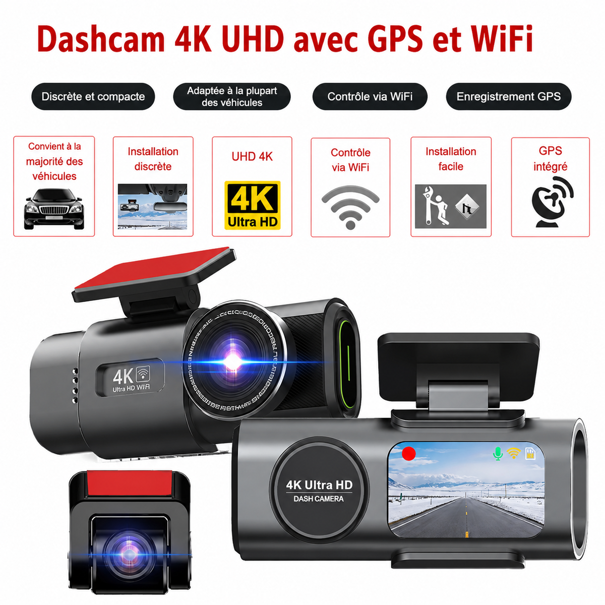 Dashcam 4K VIARO Auto – Double Caméra Avant/Arrière, Wi-Fi, Vision Nocturne & Capteur G