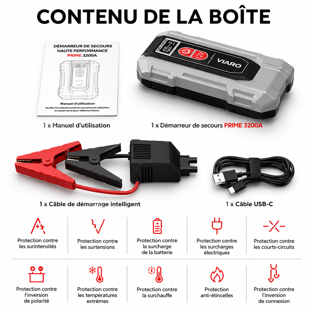 Booster Batterie VIARO PRIME 3200A – Démarreur Portable 12V Voiture, SUV, Moto