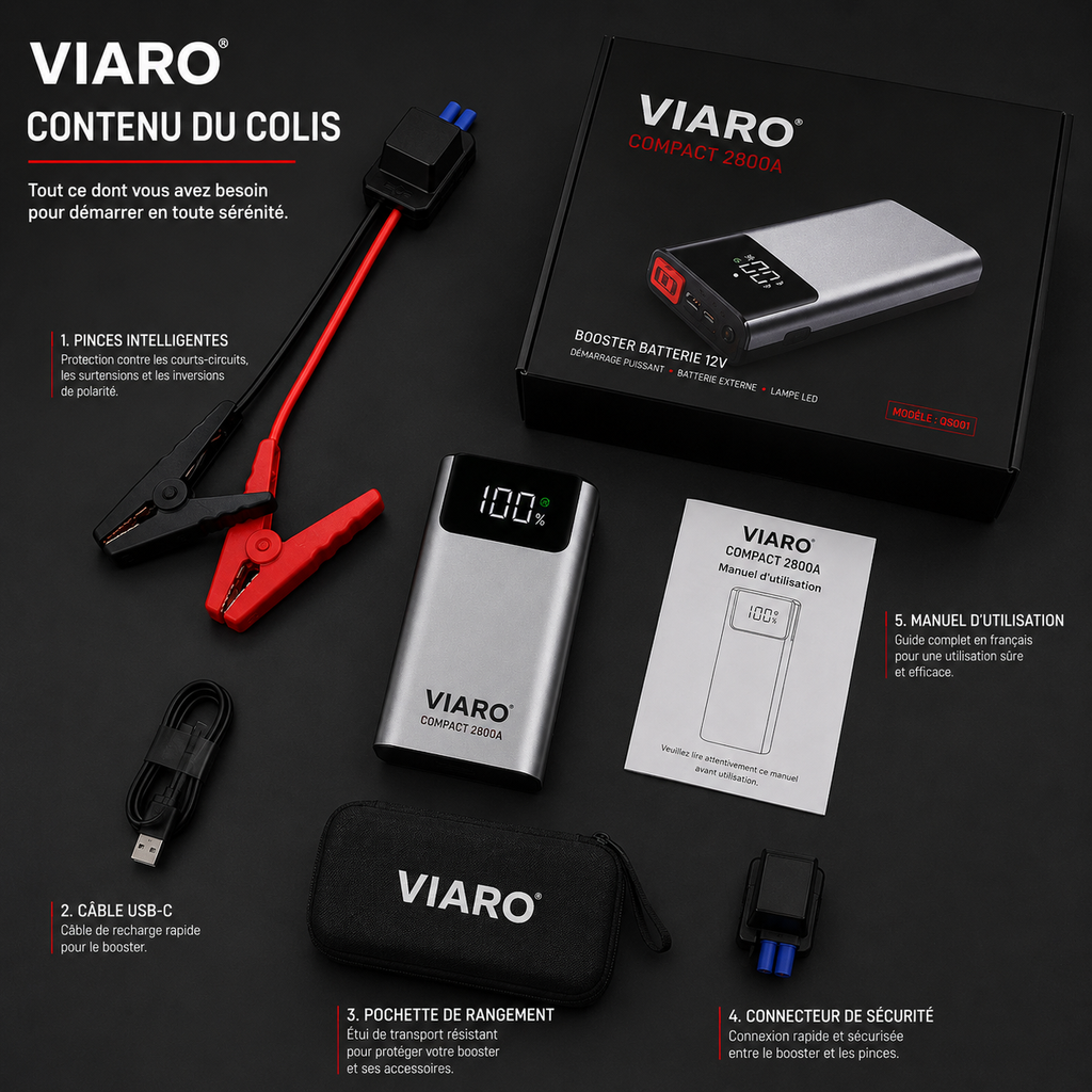 Booster Batterie Portable - VIARO Compact 2800A 12V pour Voiture & Moto