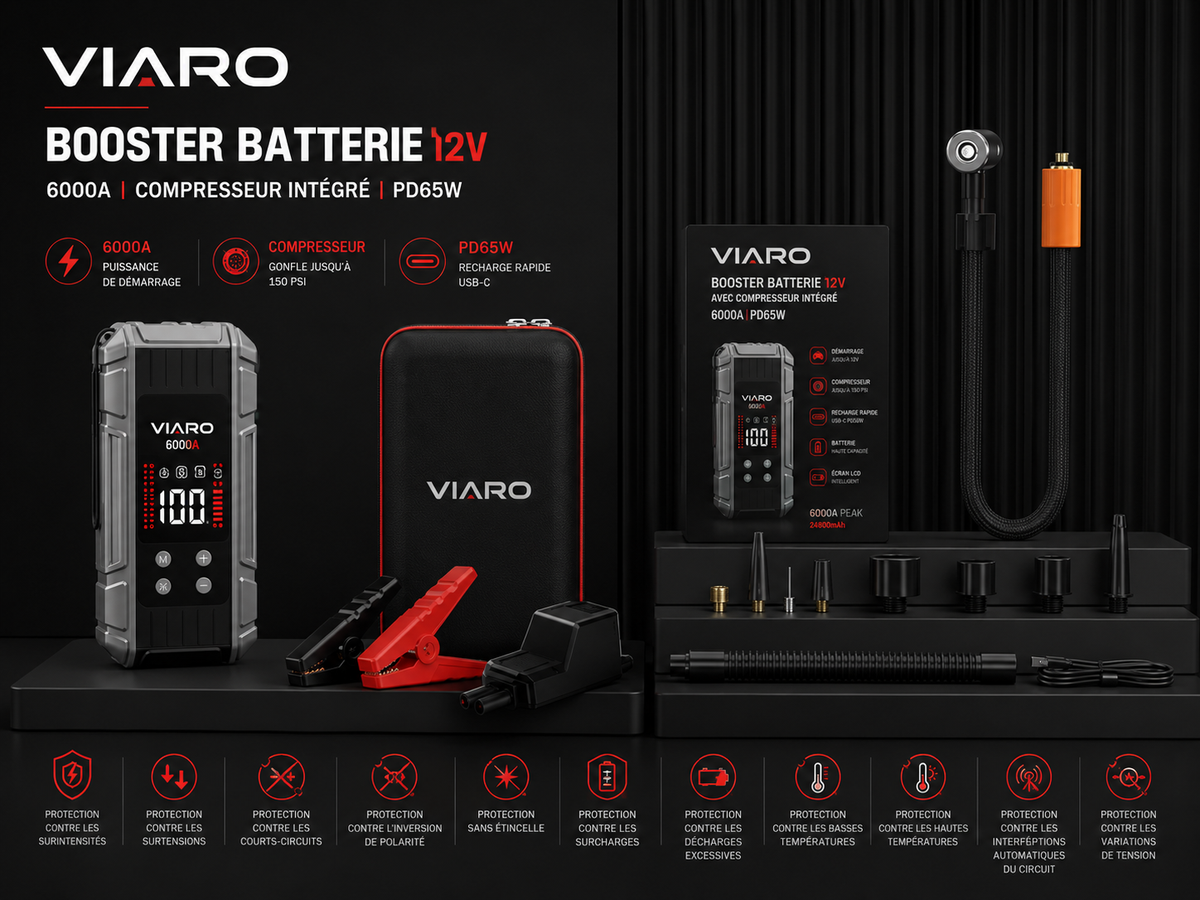 Booster Batterie 6000A 12V avec Compresseur – VIARO Air Pro PD65W