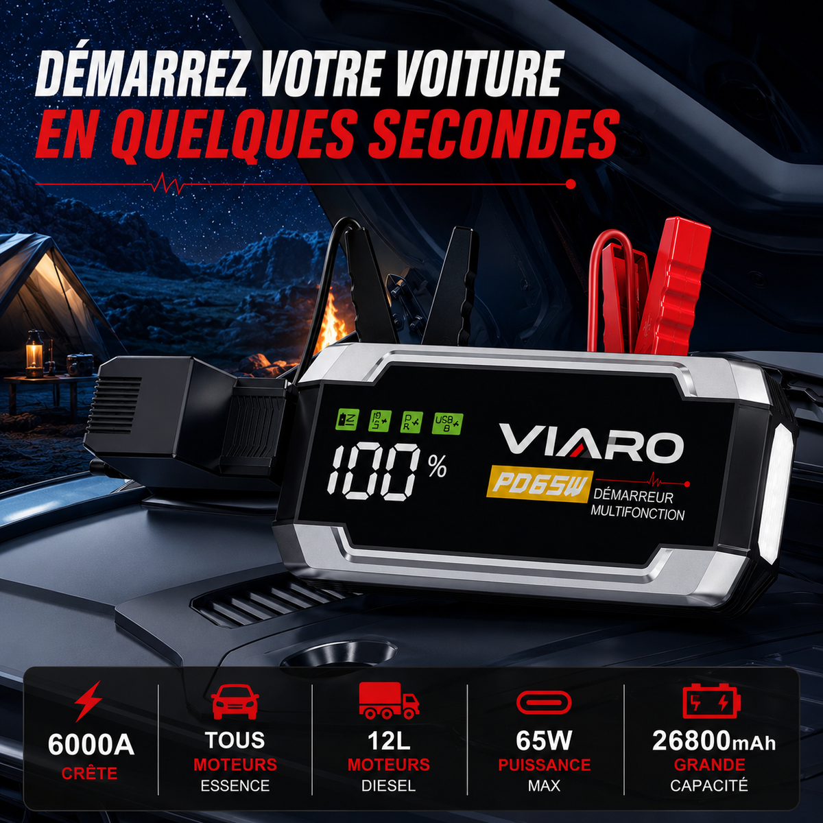 Booster Batterie 6000A VIARO Pro PD65W – Pour Voiture, Utilitaire, Moto et Camping-Car