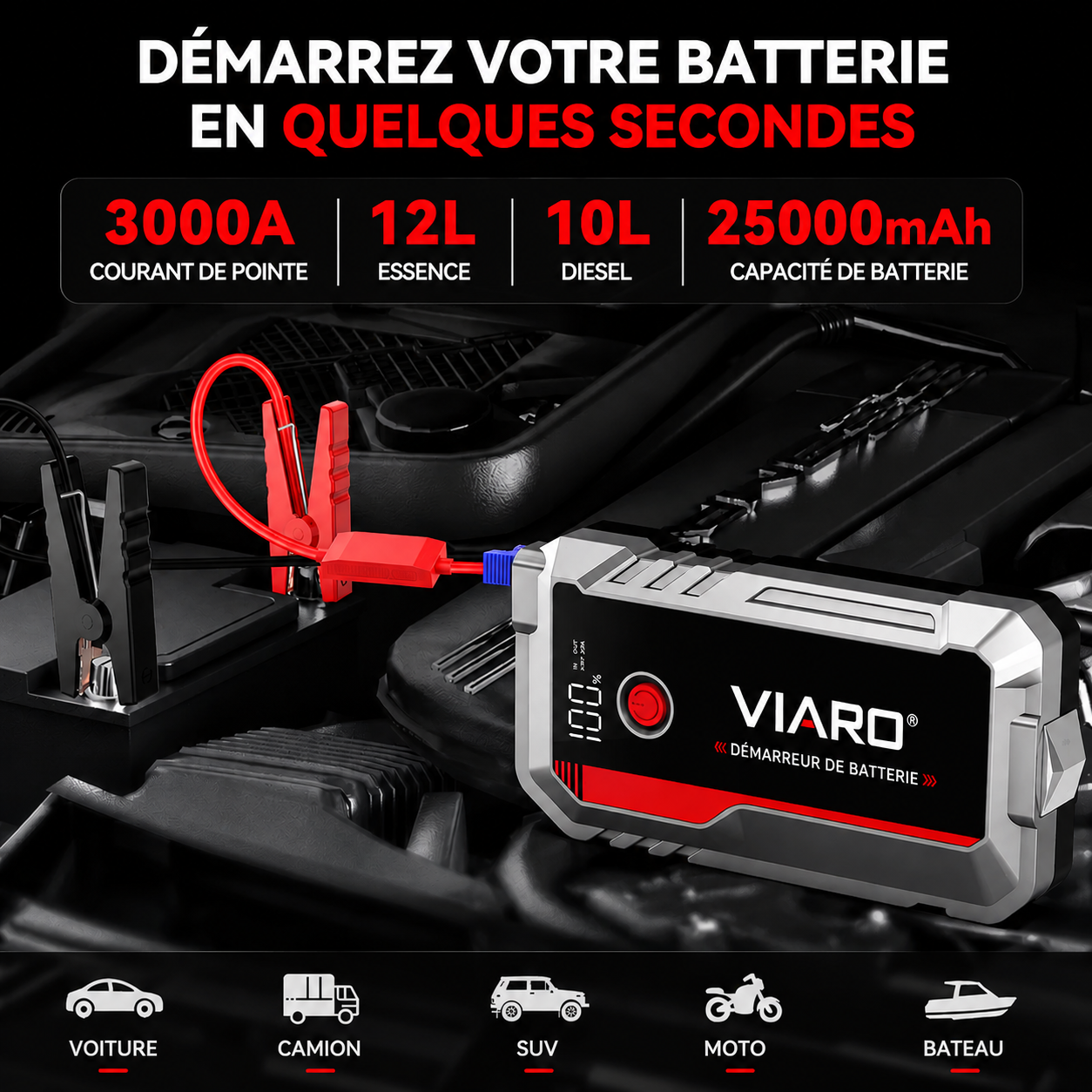 Booster Batterie Voiture VIARO Pro 3000A 25000mAh – Démarreur Portable 12V