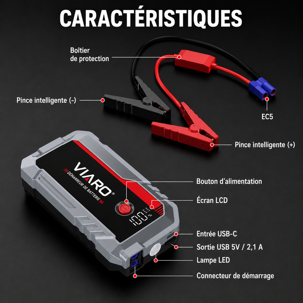 Booster Batterie Voiture VIARO Pro 3000A 25000mAh – Démarreur Portable 12V