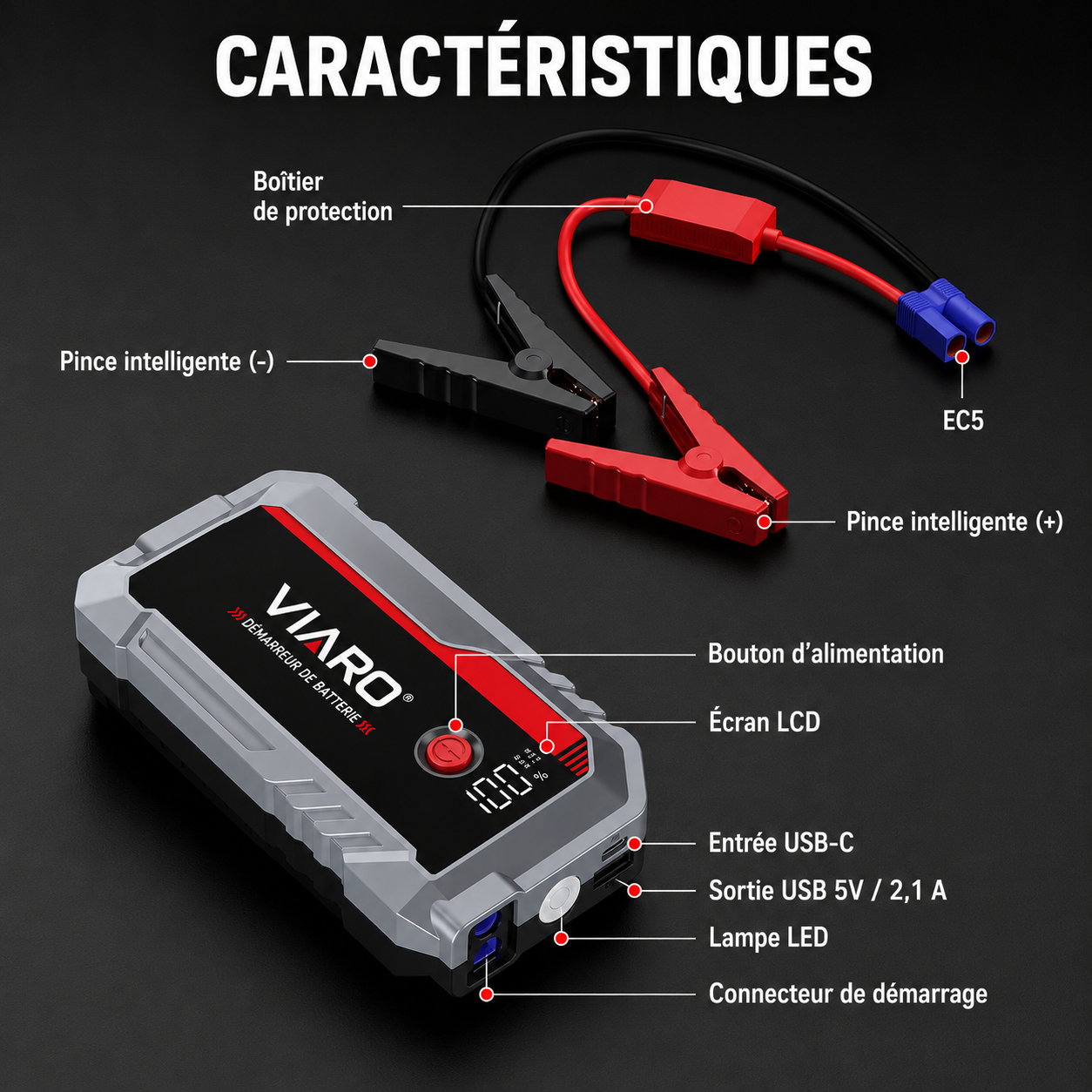 Booster Batterie Voiture VIARO Pro 3000A 25000mAh – Démarreur Portable 12V