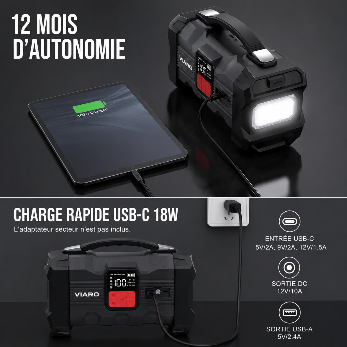Booster Batterie VIARO Boost Max 3000A – Compresseur, Lampe LED et USB-C