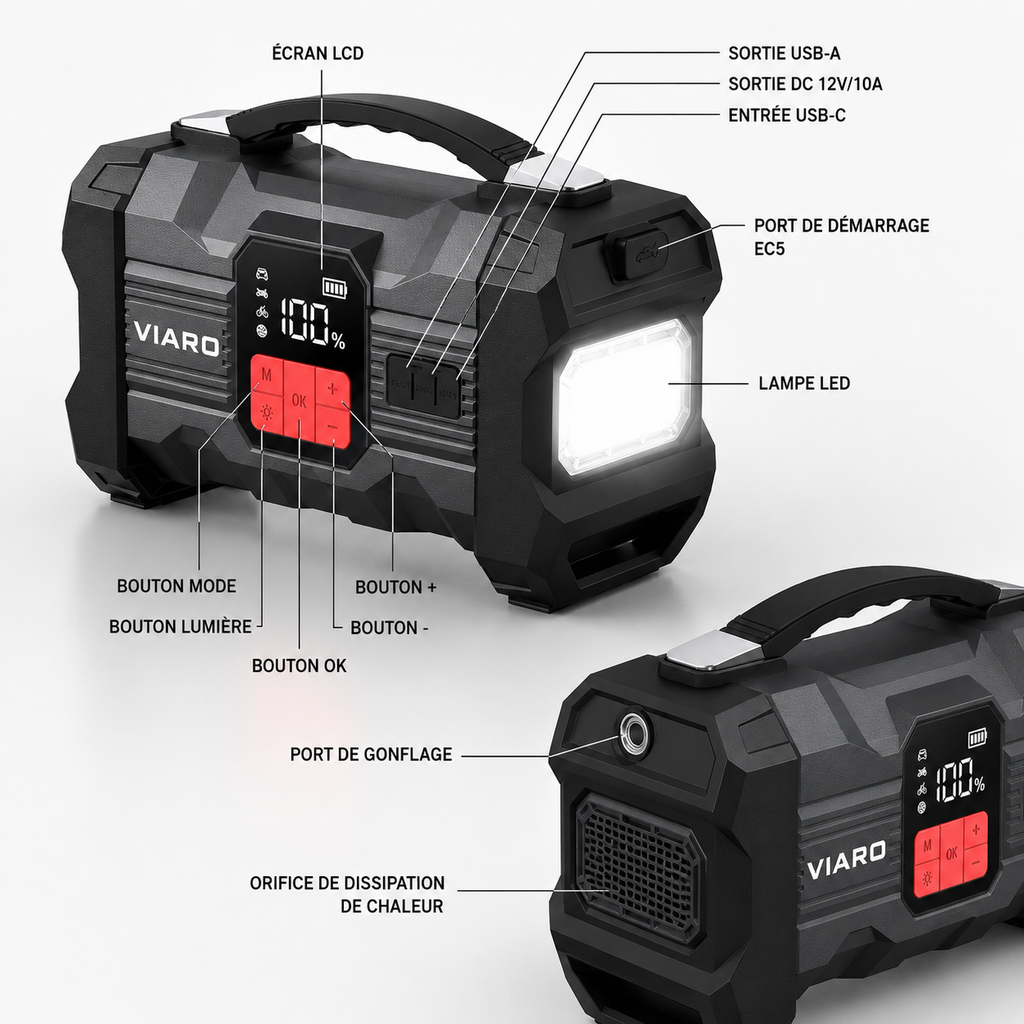 Booster Batterie VIARO Boost Max 3000A – Compresseur, Lampe LED et USB-C