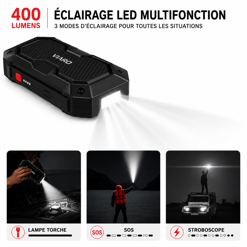 Booster Batterie 4000A 12V USB LED – Démarreur Portable VIARO Fusion pour Voiture et Utilitaire