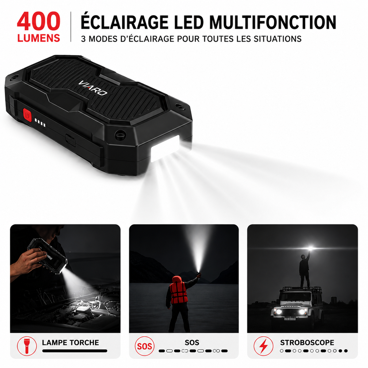 Booster Batterie 4000A 12V USB LED – Démarreur Portable VIARO Fusion pour Voiture et Utilitaire