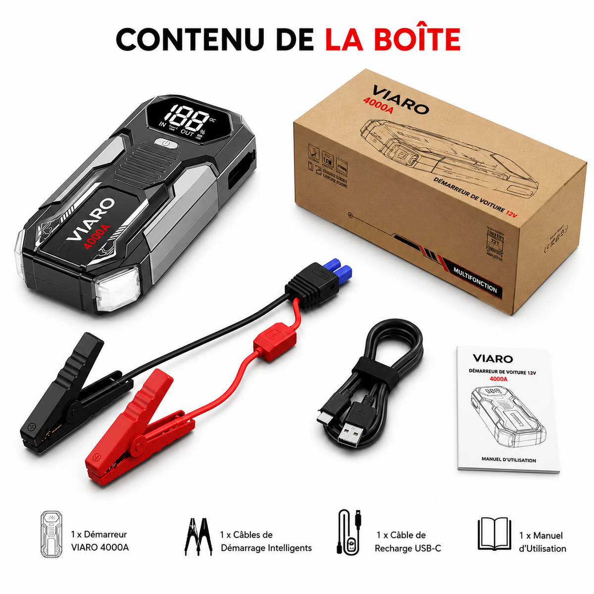 Booster Batterie VIARO NOVA 4000A – Démarreur de Batterie 12V Compact Voiture Moto